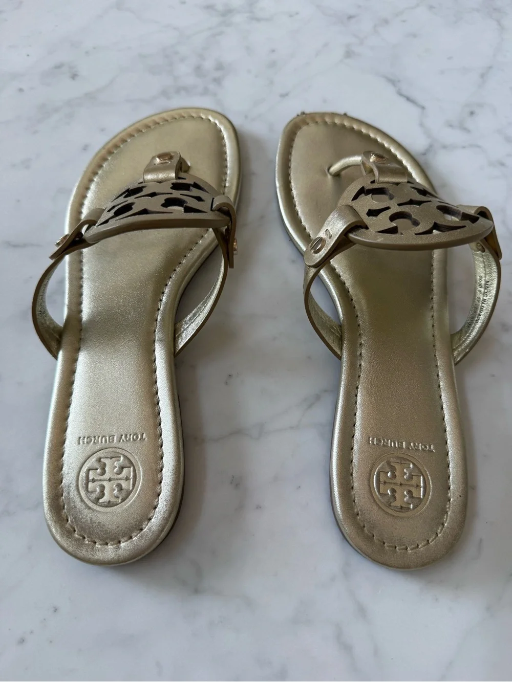 Tory Burch Miller Metallic Gold Leather Thong Sandals 8.5M